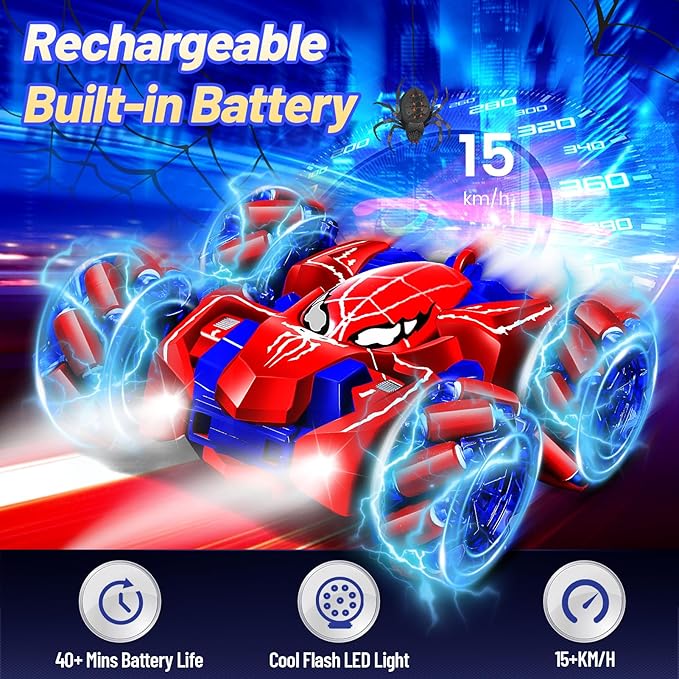 Remote Control Car for Kids - Spider 360° Flip Double-Sided RC Car, 4WD Rechargeable Drift Racing Toy with Strip Lights & Headlights - Birthday Gifts for Boys Girls Ages 4-12