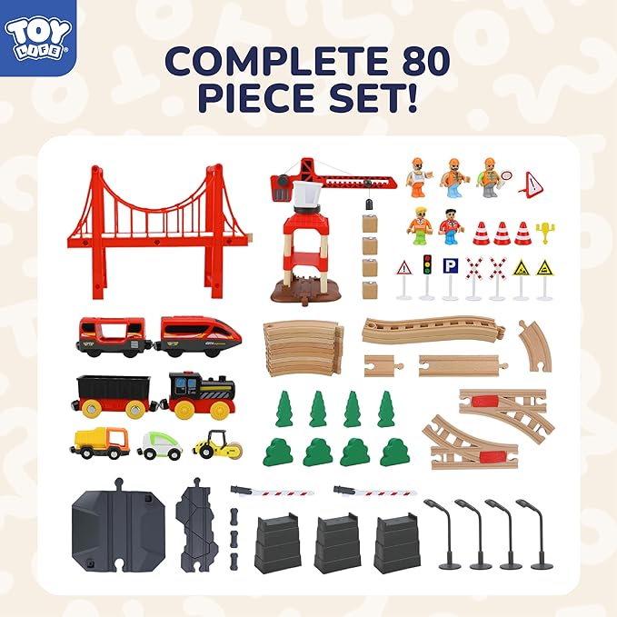 TOY Life 80pcs Wooden Train Set for Kids 3-8, Compatible with Thomas, Brio, Fits HO Scale, Modern Style, Unisex, Ages 3+