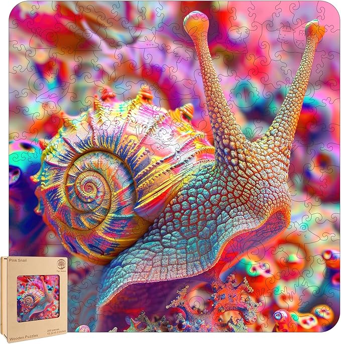 Wooden Jigsaw Puzzle for Adults and Kids Unique Shape Wood Colorful Beautiful Box Fun Challenge Brain Health Family Game Creative Gift for Friends Rompecabezas Madera(Pink Snail 200pcs)