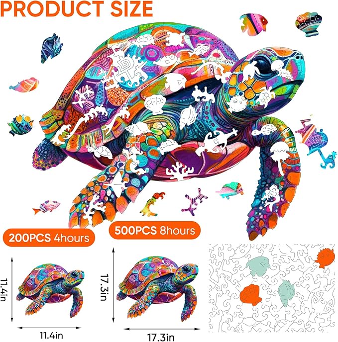 Colorful Turtle Puzzles for Adults 500 Pieces, 5MM Thick Wooden Jigsaw Puzzles, Unique Shape Puzzle Ocean Wood Puzzles for Adults and Kids Birthday Gifts Family Game 16.9 * 16.9inch
