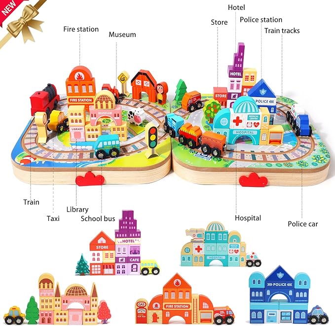 Wooden Take-Along Tabletop Railroad, Wooden Train Sets for Kids Ages 3+