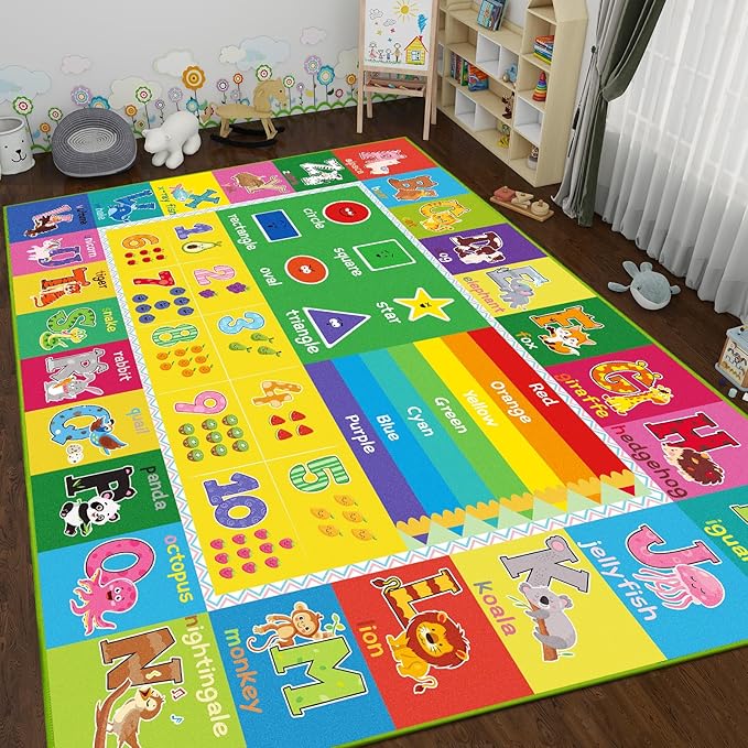ABC Carpet, Kids Rugs for Playroom, Educational Play Mat for Kids, Preschool Rugs with ABC, Numbers, Animals Learning Rugs for Bedroom Playroom Classroom Baby Toddler Children (Yellow, 59X39.4 INCH)