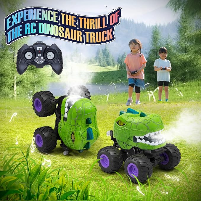 Dinosaur Remote Control Car for Boys 4-7, 360° Rotating Stunt Vehicle, 2.4GHz All Terrain RC Monster Truck Toys with Spray, Light & Sound for Kids 8-12, Birthday Gift for Boys (Green)