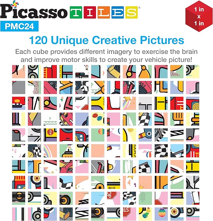 Picasso Cubes Magnetic Cube Puzzle 6-in-1 Vehicle Theme Pattern Magnet Brain Teaser Cubes Building Block 120 Pictures Toy Set Kids Ages 3 & Up Preschool Children Promotes Problem PMC24