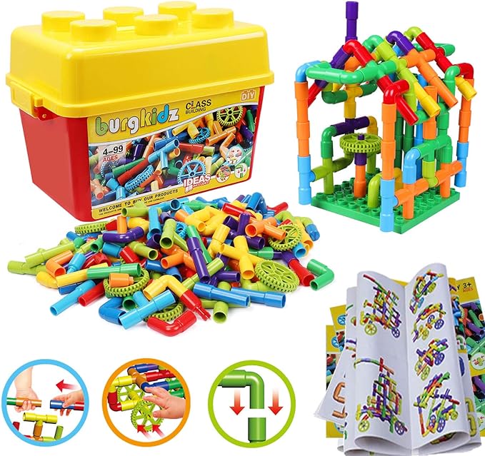 burgkidz STEM Learning Pipe Tube Construction Building Blocks, Sensory Toys with Wheels Baseplate for All Ages Kids Boys Girls, 188 Pcs