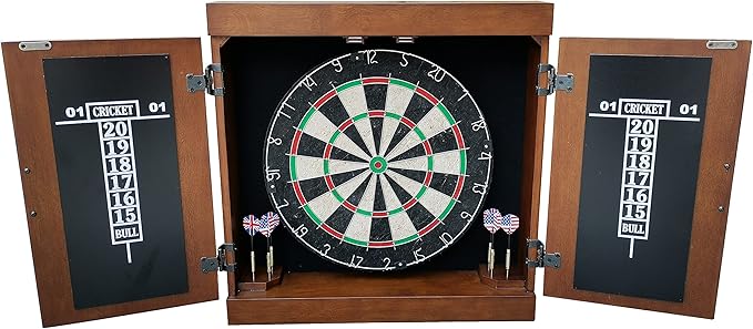 Hathaway Farmington 18-in Bristle Dart Board and Cabinet Set – Includes Self Healing Sisal Board, Rotatable Number Ring, Chalk Scoreboards & Steel-Tip Darts - Complete Dart Accessories - Walnut