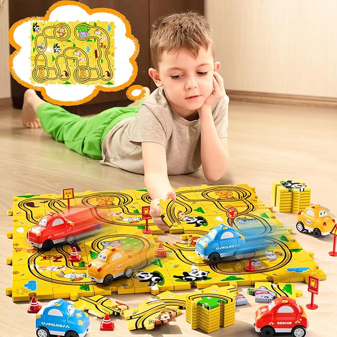 64 PCS Puzzle Race Cars Track Set Toys for Kids Boys, Puzzle Racer Kids Car Track Set Ages 3-5 4-6, Toys Gifts for 3 4 5 Year Old Boys, Ideal 3 4 5 Year Old Boys (Animals)