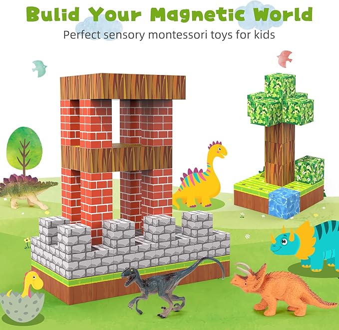 Magnetic Blocks 216Pcs Magnetic Building Blocks Toys for Boys 6-8 with 12 Dinosaur Toys, Magnetic Toys for Boys & Girls Ages 6-7 8-10