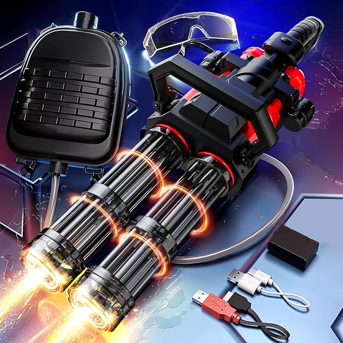 Gatling Electric Water Gun for Adults & Kids, Dual-Barrel, Up to 49FT Most Powerful Automatic Squirt Gun with LED Water-Sensor, Large Water Tank & Battery, Outdoor Pool Toy, Summer Toys for Parties