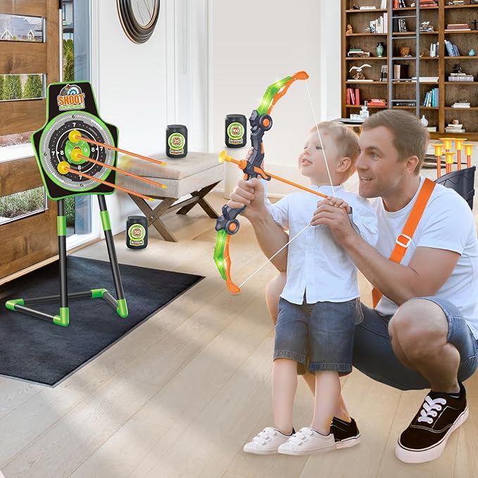 SpringFlower Bow and Arrow Toys for Kids, Archery Set Includes Super Bow with LED Lights, 10 Suction Cups Arrows,Archery Set with Standing Target and 3 Target Cans for Boys and Girls