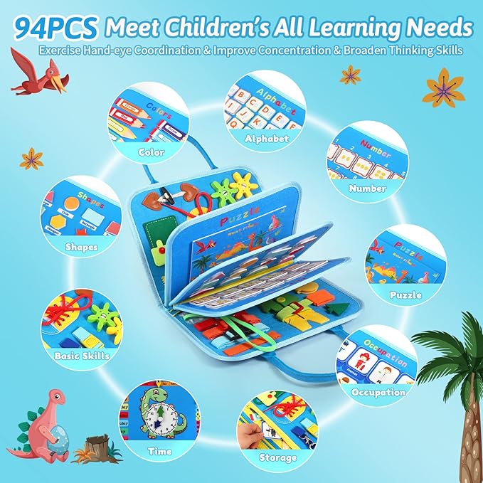 Toddler Busy Board for 1 Years Old, Montessori Learning Toys Busy Book for Toddlers 1-3 Educational Activity Basic Dress Motor Skills, Kids Birthday Gift for 2-4 Boy Airplane Car Travel Essentials