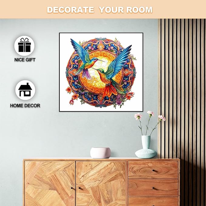 WOODBESTS Wooden Jigsaw Puzzle for Adults, Mandala Hummingbird Puzzle (L, 300pcs, 13.8"x13.8") Beautiful Wooden Box, Puzzle Wood Unique Shape, Birthday Gifts for Adults and Kids Family Game