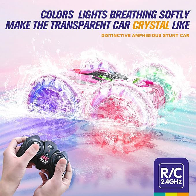 Amphibious Remote Control Car, 4WD Waterproof RC Cars Remote Control Boat Pool Toys for Girls 8-10, Gesture Sensing RC Stunt Car Lake Water Toy for Kids Ages 3 4 5 6 7 8-12 Birthday Gifts, Pink