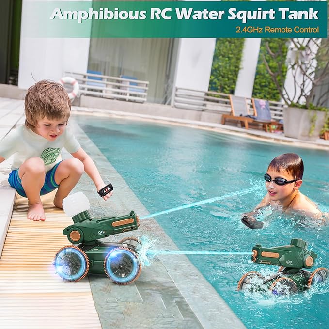 Toys for Kids 6-12 Remote Control Car Boat Gifts for Boys 5-7 8 9 10 11 Year Old Amphibious RC Gesture Stunt Water Squirt Tank with Lights & Self-Dispensing Cool Outdoor Summer Beach Pool Toy