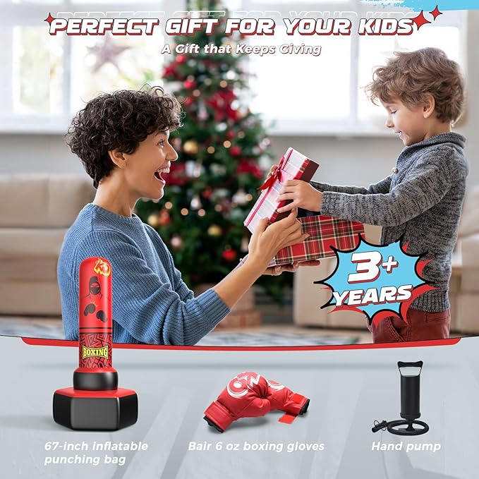 67'' Inflatable Punching Bag Freestanding for Kids Aged 3-12 – Heavy Duty Boxing Set for Karate & Taekwondo, Stable Boxing Bag Active Kids Toy, Christmas Birthday Gift for Boys and Girls