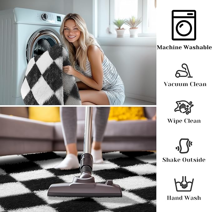 KICMOR Round Rugs 5ft for Bedroom Living Room, Black and White Fluffy Soft Circle Area Rug Fuzzy Shag Shaggy Plush Carpet, Indoor Checkered Circular Rug for Kids Room Nursery Home Decor Aesthetic