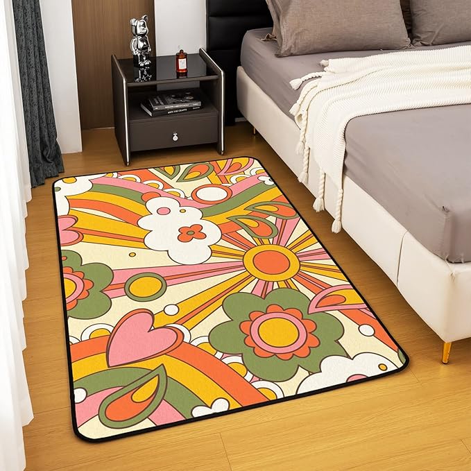 Erosebridal 60S 70S Hippie Area Rug 5'x6'6'' Vintage Boho Sun Carpet Groovy Flowers Clouds Love Hearts Decorative Rug for Kids Girls Teens,Abstract Vintage Floral Washable Rug for Bedside