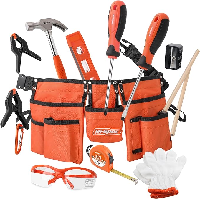 Hi-Spec 16pc Orange Kids Tool Kit Set & Child Size Tool Belt. Real Kit for DIY Building, Woodwork & Construction Learning for Kids