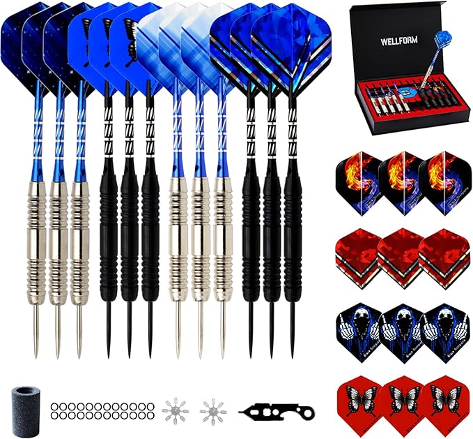 Darts Metal Tip Set，12 Pack 26 Gram Nonslip Iron Barrel, Darts Steel Tip Set Professional,with 12 Aluminum Dart Shafts, 24 Extra Flights, Dart Sharpener, Dart Wrench, Stylish Gift Box