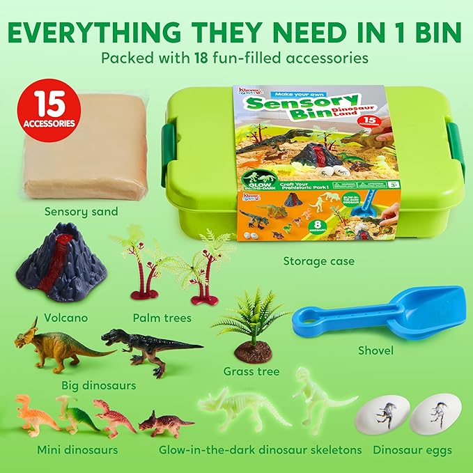 Klever Kits Dinosaurs Sensory Bin Toys for Toddlers with Glow in The Dark Dinosaurs, Sandbox with Lid Sand, Preschool Learning Activities Gifts for Boys Girls Age 3+