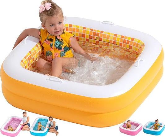 Baby and Toddler Pool with Cushioned Floor, Handles & Drain, 34"x10" Skin Safe Small Square Inflatable Kiddie Pool Portable Bathtub and Ball Pit, Summer Outdoor Gift for Babies, Infants & Toddlers 1-3