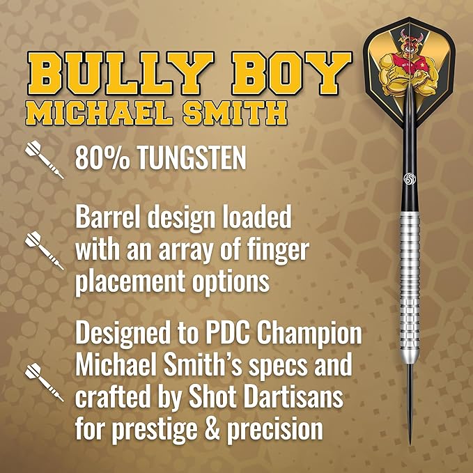 Shot! Darts Steel Tip, Michael Smith Bully Boy Precision (22g/23g/24g/25g), 90% Tungsten Barrel, Handcrafted Professional Dart Set & Flights Made in New Zealand, Metal Tip for Bristle Dartboard