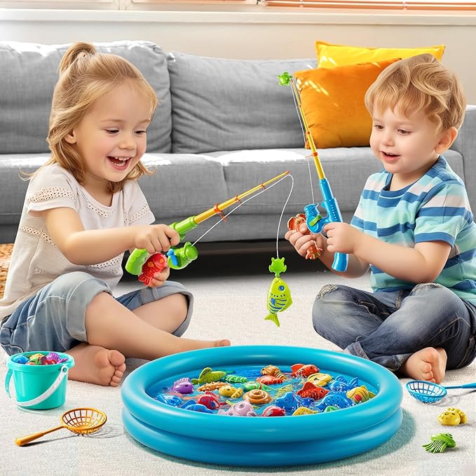 Magnet Fishing Toys Game for Kids 3-5 - Floating Fish Toys with Inflatable Kiddie Pool, Bath Toys for Toddlers, Pole Rod Net, Outdoor Party Toys for Boys Girls Kids Age 3 4 5 6 7 8 Year Old