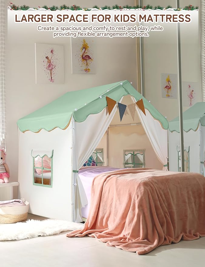 BESREY Kids Play Tent - 2 in 1 with Padded Mat & Lights, Large Playhouse with 2 Doors & 4 Windows, Indoor & Outdoor, Christmas Toddler Play Tent, 51" x 35" x 51