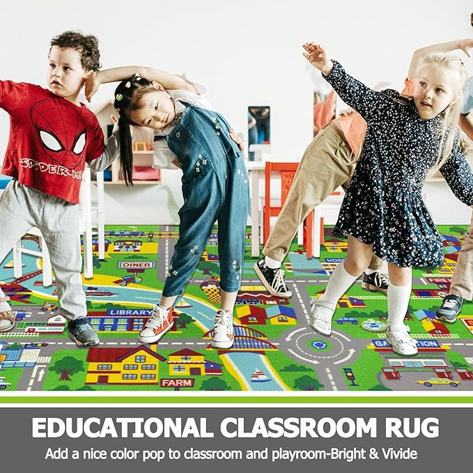 Capslpad Kids Rug 6'6" x 9'8" Educational Learning Kid Play Area Rug Large Traffic Road Cars Rug Play Mat for Kids Toy Nursery Rug Car Carpet for Playroom Living Room Classroom Decor Green