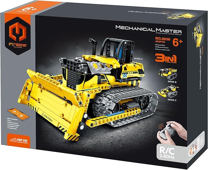 STEM Car Toy Building Block Take Apart Toy, 3in1 Crawler Bulldozer, APP Programming Remote Control, 452 Pcs DIY Building Kit, Learning Engineering Construction R/C Toys