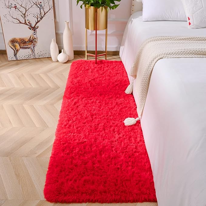 Amearea Shag Fluffy Runner Rug for Bedroom Girls Living Room, 2x6 Feet Extra Soft and Fuzzy Shaggy Rugs, Non Slip, Indoor Floor Long Carpet Mat for Boys Nursery Home Decor, Red