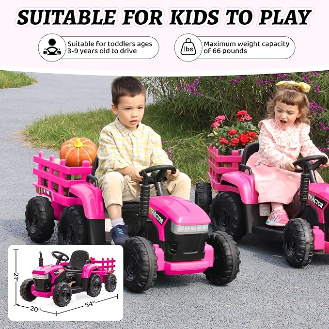 TOBBI Kids Electric Ride On Toy Tractor, 12v Battery-Powered 4 Wheels Ride On Car with Trailer, 35W Dual Motors/3-Gear-Shift/LED Lights/USB Audio Functions for Toddlers 3-6 Years-Rose Red