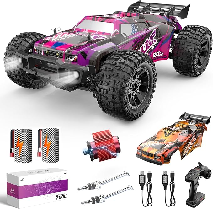 DEERC 200E 1:10 Large 3S Brushless High Speed RC Cars for Adults, 4X4 Fast RC Trucks W/Extra Shell LED Headlight, 60 KM/H, All Terrain Remote Control Car, Offroad Monster Truck for Boys,2 Battery