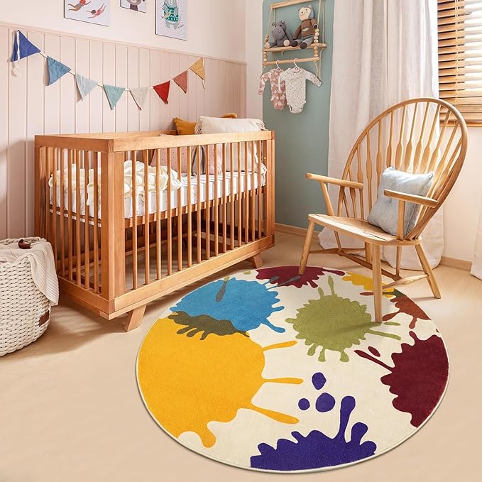 STARUIA Art Round Rug for Playroom, 4'x4' Colorful Kids Rug for Nursery, Non-Slip Soft Circular Office Carpet for Preschool Dorm