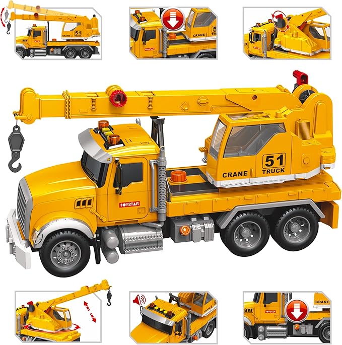 MOBIUS Toys Crane Truck Toy Set – Kids Construction Crane w/Extending Arm, Rotation, Props & Buttons + Sounds & Lights – Toy for Boys Age 4-7, Girls 3 Years Old+