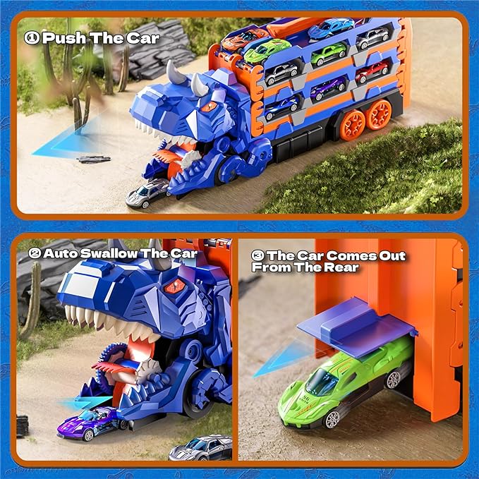 Toddler Car Truck Toys Gifts for 3 4 5 Years Old Boys, Toy Cars Track Set Dinosaur Transport Truck with 12 Pcs Die-Cast Cars Toys, Transforms into Dino, Toy Gifts for 3 4 5 6 Year Old Boys