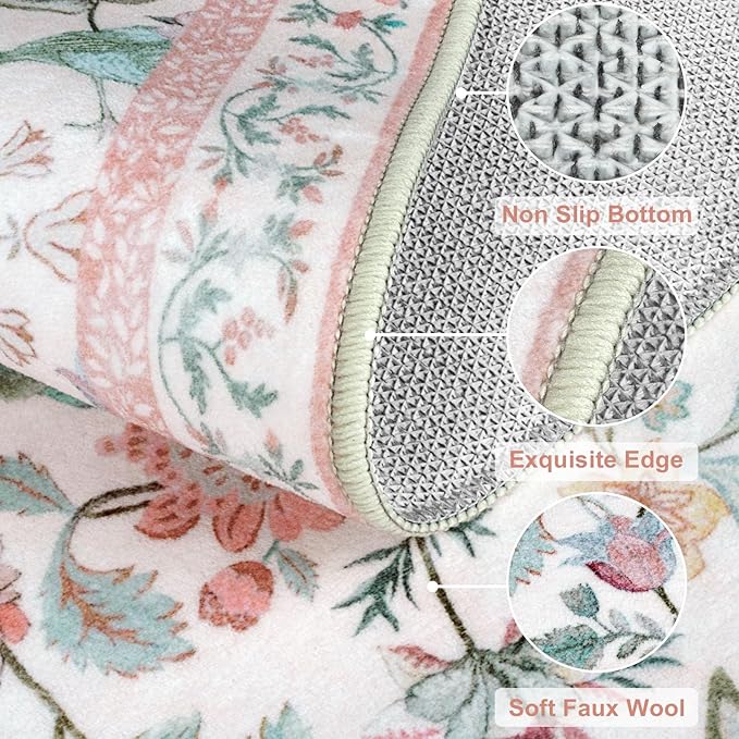 Floral Washable 8x10 Area Rug for Living Room, Soft Pink Large Girls Bedroom Non-Slip Low Pile Flower Birds Dining Room, Botanical Floor Carpet for Kids Classroom Office