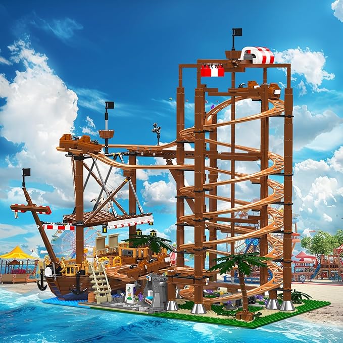 Roller-Coaster Building Set, Motorized Electric Pirate Ship Track, City Amusement Park Toy for Boy Girl Ages 6 7 8 9+, Birthday Gifts for Adult Kid Teen, Theme Construction Collection 2174pcs