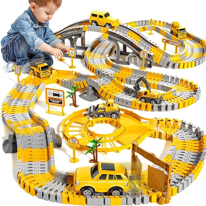 200 Pieces Construction Car Racing Track Playset for Kid 3 4 5 6 7 8 Years Old - Flexible Engineering Railway, Electrical Toy Car for Boy 3-9, Birthday Gifts for Toddler 3-5