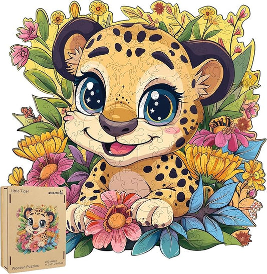 Wooden Jigsaw Puzzles-Litter Tiger,200pcs,Medium 16.8x16.8in,Wooden Puzzles for Adults,Unique Shape Animal Adult Puzzles,Irregular Wood Puzzles Best Gift for Adults and Kids Family Game