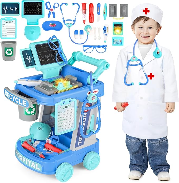 deAO Doctor Kit for Kids Ages 3+, Pretend Doctor Play Set with Doctor Cart, Costume and Stethoscope, Toddlers Doctor Role Playset Medical Kit for Girls Boys (Blue)