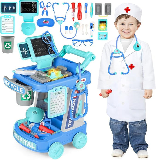 deAO Doctor Kit for Kids Ages 3+, Pretend Doctor Play Set with Doctor Cart, Costume and Stethoscope, Toddlers Doctor Role Playset Medical Kit for Girls Boys (Blue)