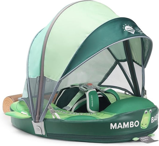 Mambobaby Float Add Tail Baby Swim Float with Canopy Solid Pool Infant Swim Trainer Swimming Training Lying Air Free Water Floats Non-Inflatable Waist Swim Ring for Toddlers (Crocodiles)
