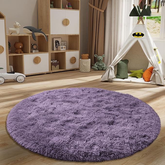 LOCHAS Luxury Round Fluffy Area Rugs for Bedroom Kids Girls Room Nursery, Super Soft Circle Rug, Cute Shaggy Carpet for Children Living Room, 5x5 Feet Grey Purple