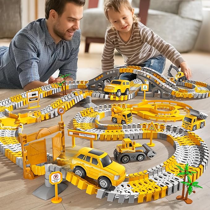 200 Pieces Construction Car Racing Track Playset for Kid 3 4 5 6 7 8 Years Old - Flexible Engineering Railway, Electrical Toy Car for Boy 3-9, Birthday Gifts for Toddler 3-5