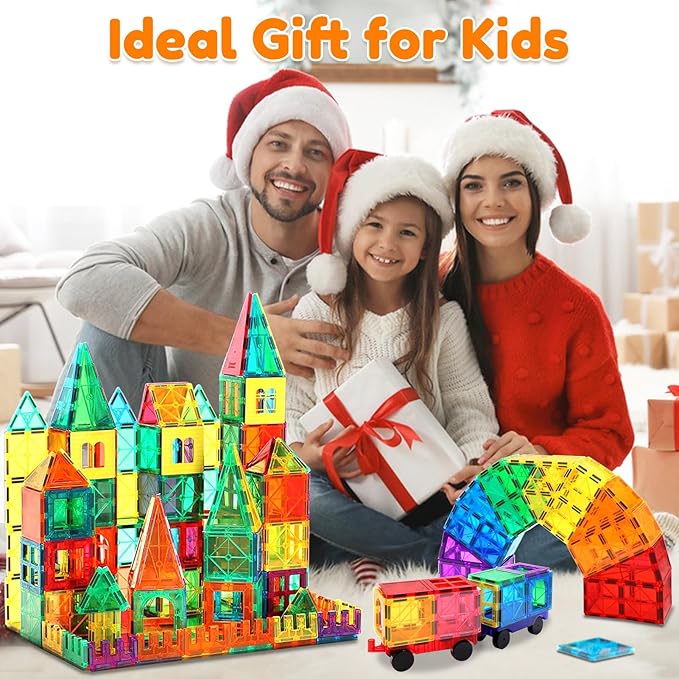 Magnetic Tiles 100PCS with 2 Cars Magnet Building Blocks for Kids Educational Magnetic Blocks Sensory Toys Montessori Stacking Gift for 3 4 5 6 7 Year Old Boys Girls Construction STEM Toys Set