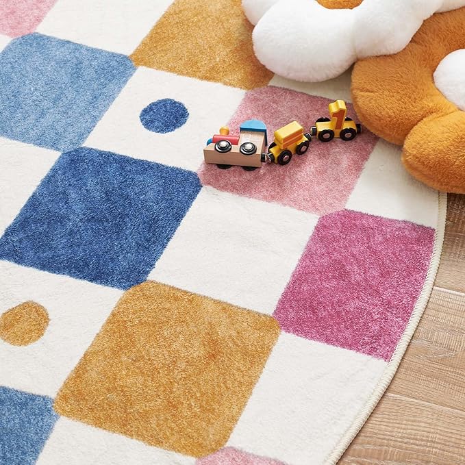 jinchan Round Rug 4ft Kids Washable Rug Colorful Trellis Indoor Floor Cover Non Slip Soft Modern Living Room Diamond Carpet for Nursery Room Bedroom Playroom Berries on Cream