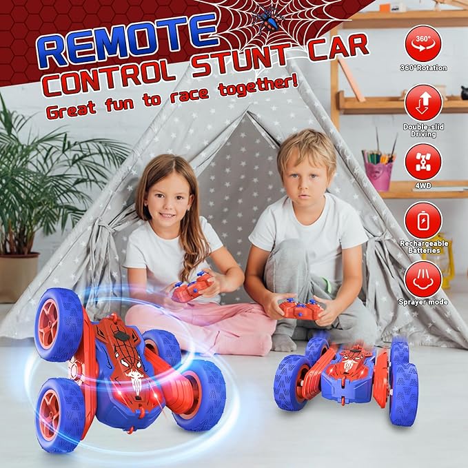 Spider Remote Control Car for Boys, RC Stunt Car with Light Spray, RC Cars Rechargeable Double Sided Driving 360° Flip Rotating Racing, Toys for Kids Age 4-6 6-8 8-12 Birthday Gifts