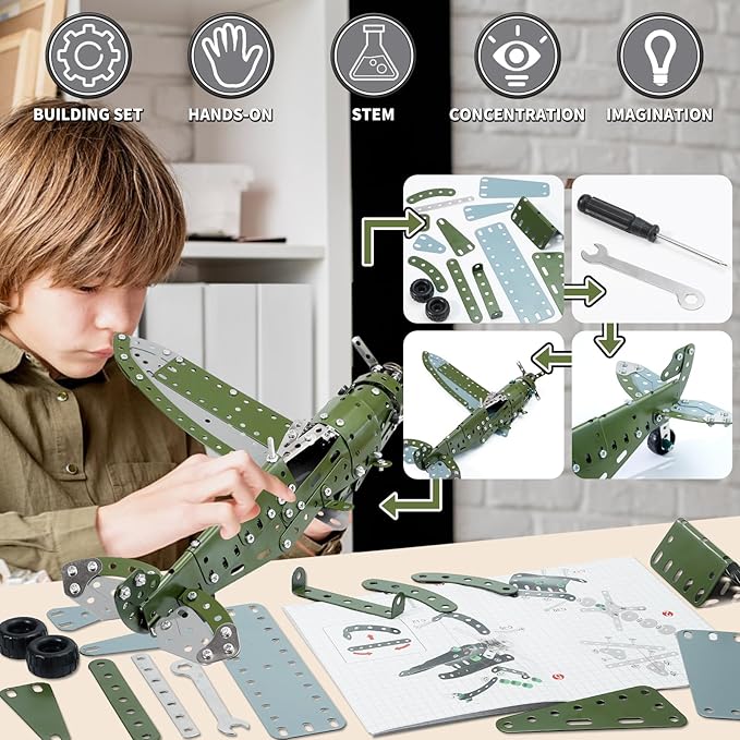 Metal Model Airplane Building Toys for Ages 8-13 14 and Up, 285pcs Plane Stem Toys for Boys Age 8-12, Assembly Jet Kits for Kids 8-10, Birthday for 9 10 11 Year Old Boys Adults