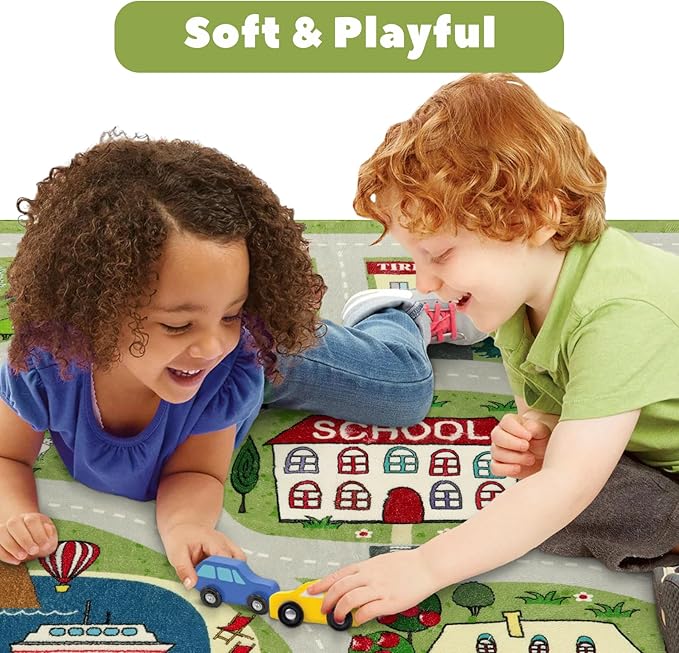 LIVEBOX Green Washable Playroom Rug, 4'x6' Non-Slip Soft Car Rug for Boys Room, Baby Nursery, Kids Floor Mats for Boys Girls Dorm Toy Room Tent